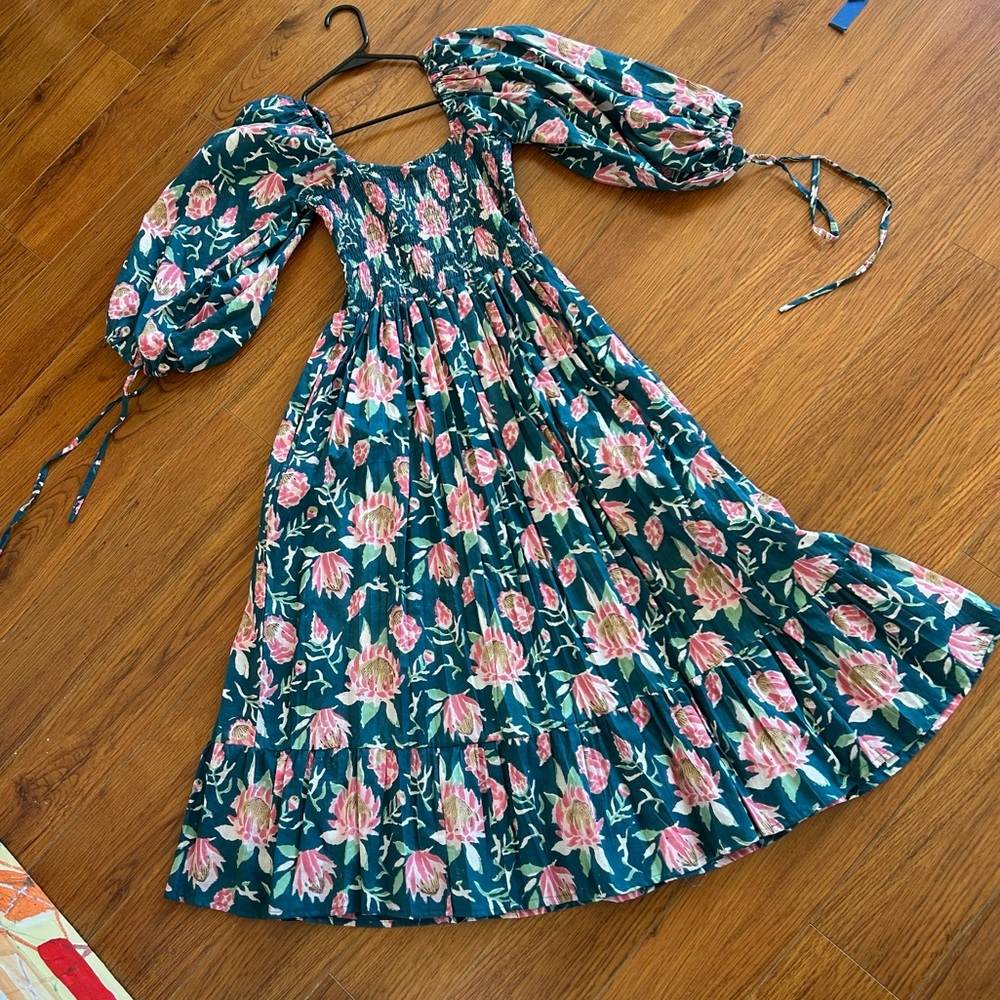 Block Print Cotton Floral Puff Sleeve Maxi Dress Shirred Bust